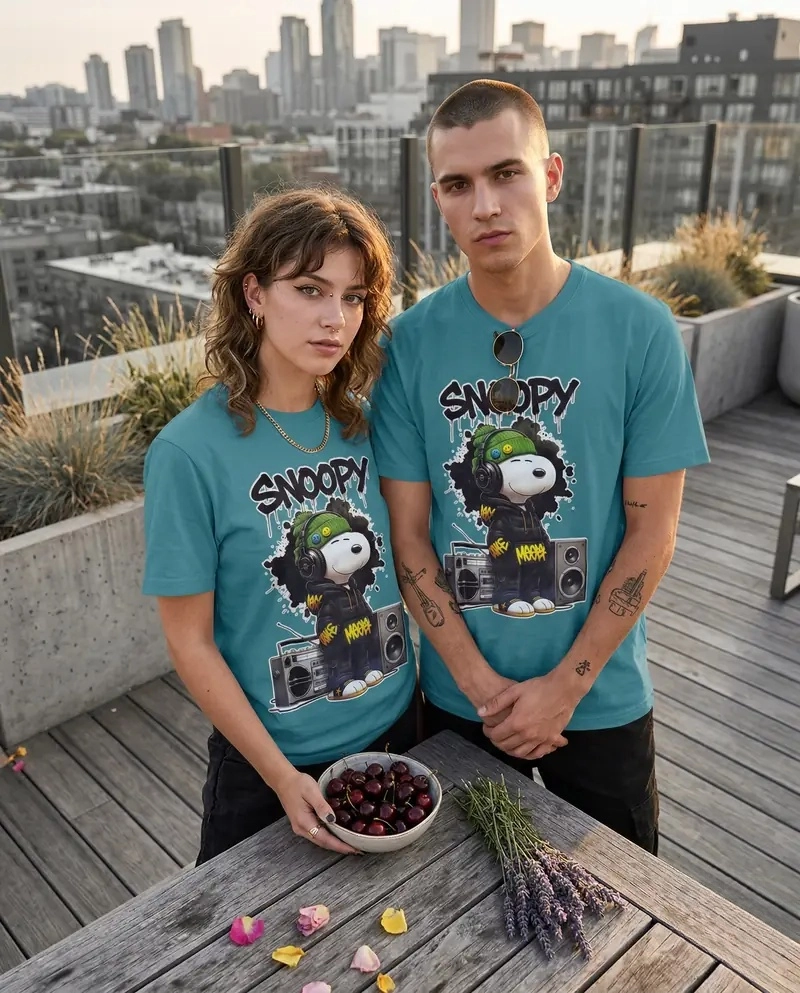 Snoopy Urban Beats Graphic Tee – Teal Blue Street Art T-Shirt – Vintage Nostalgia Graffiti Aesthetic Apparel (Light Blue)