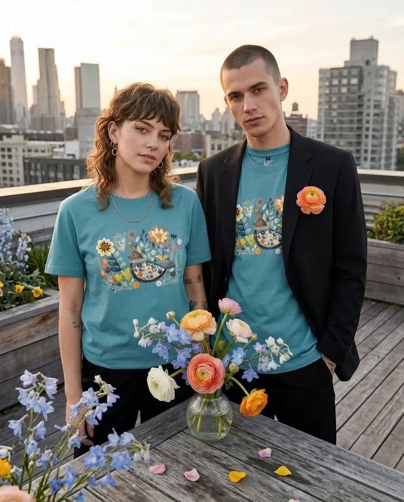 Enchanted Meadow Graphic Tee – Teal Blue Botanical Bird T-Shirt – Vintage Folk Art Aesthetic Apparel (Light Blue)