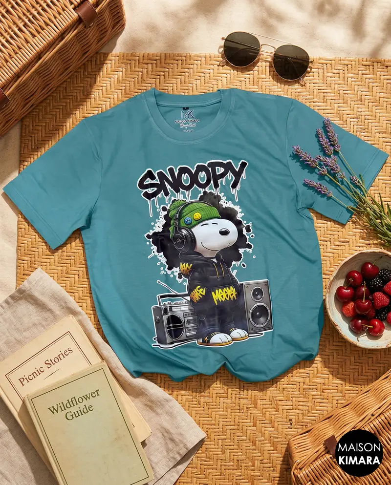 Snoopy Urban Beats Graphic Tee – Teal Blue Street Art T-Shirt – Vintage Nostalgia Graffiti Aesthetic Apparel (Light Blue)