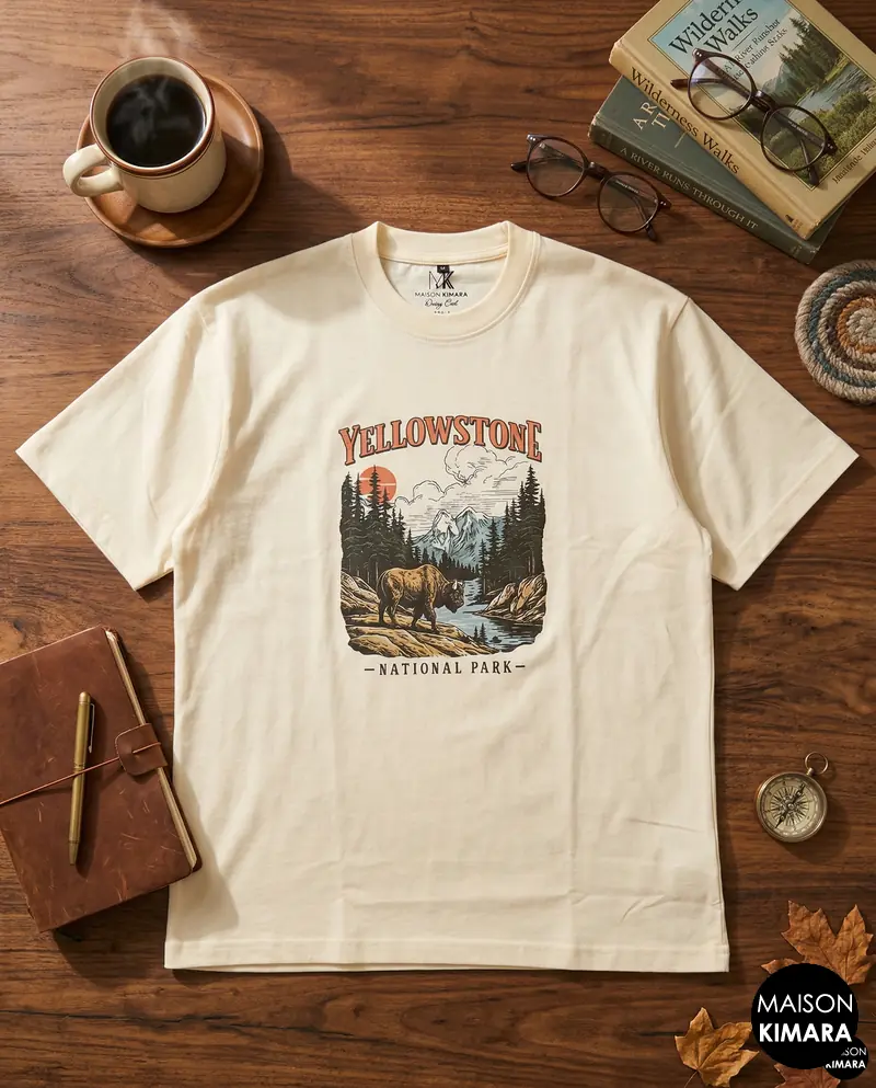 Yellowstone National Park Oversized T-Shirt – Cream Vintage Nature Graphic Tee – Retro Outdoorsy Aesthetic Streetwear (Light Yellow)