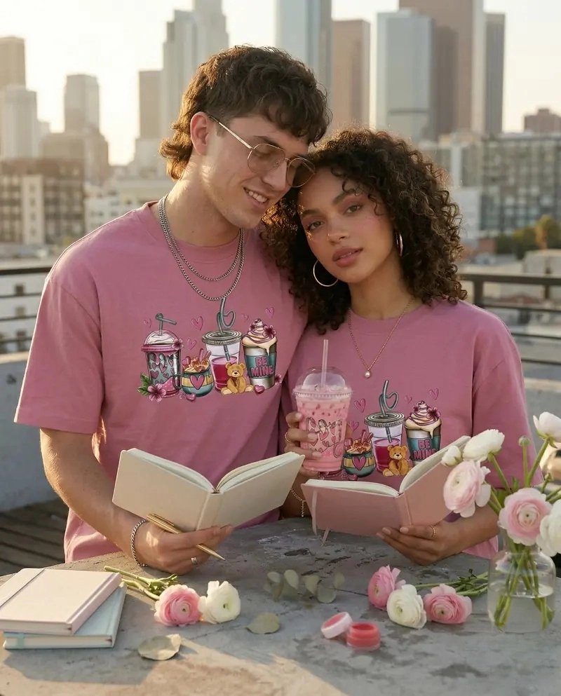 Sweetheart Cafe Oversized T-Shirt – Dusty Rose Y2K Aesthetic Tee – Pastel Pink Streetwear for Girls (Pink)