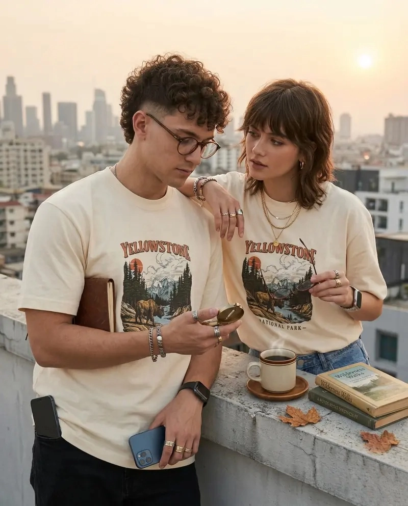 Yellowstone National Park Oversized T-Shirt – Cream Vintage Nature Graphic Tee – Retro Outdoorsy Aesthetic Streetwear (Light Yellow)