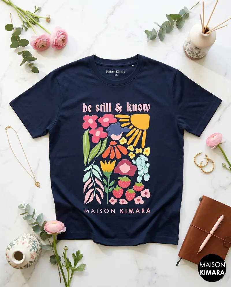 Botanical Bliss Oversized T-Shirt – Navy Blue Aesthetic Floral Graphic Tee – Retro Inspired Mindful Streetwear (Navy Blue)