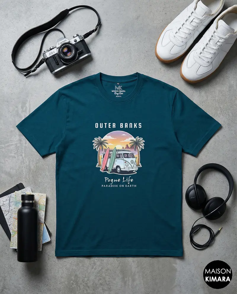 OBX Paradise Oversized T-Shirt – Midnight Blue Surf Culture Tee – Vintage Outer Banks Pogue Life Streetwear (Niky Blue)