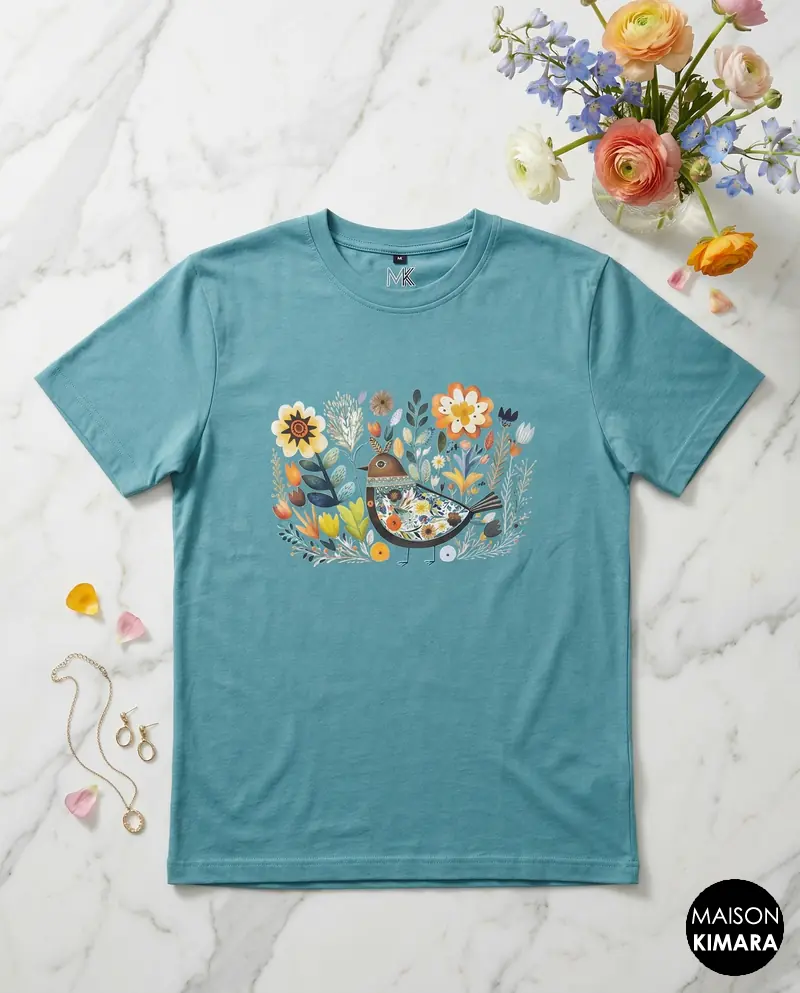 Enchanted Meadow Graphic Tee – Teal Blue Botanical Bird T-Shirt – Vintage Folk Art Aesthetic Apparel (Light Blue)