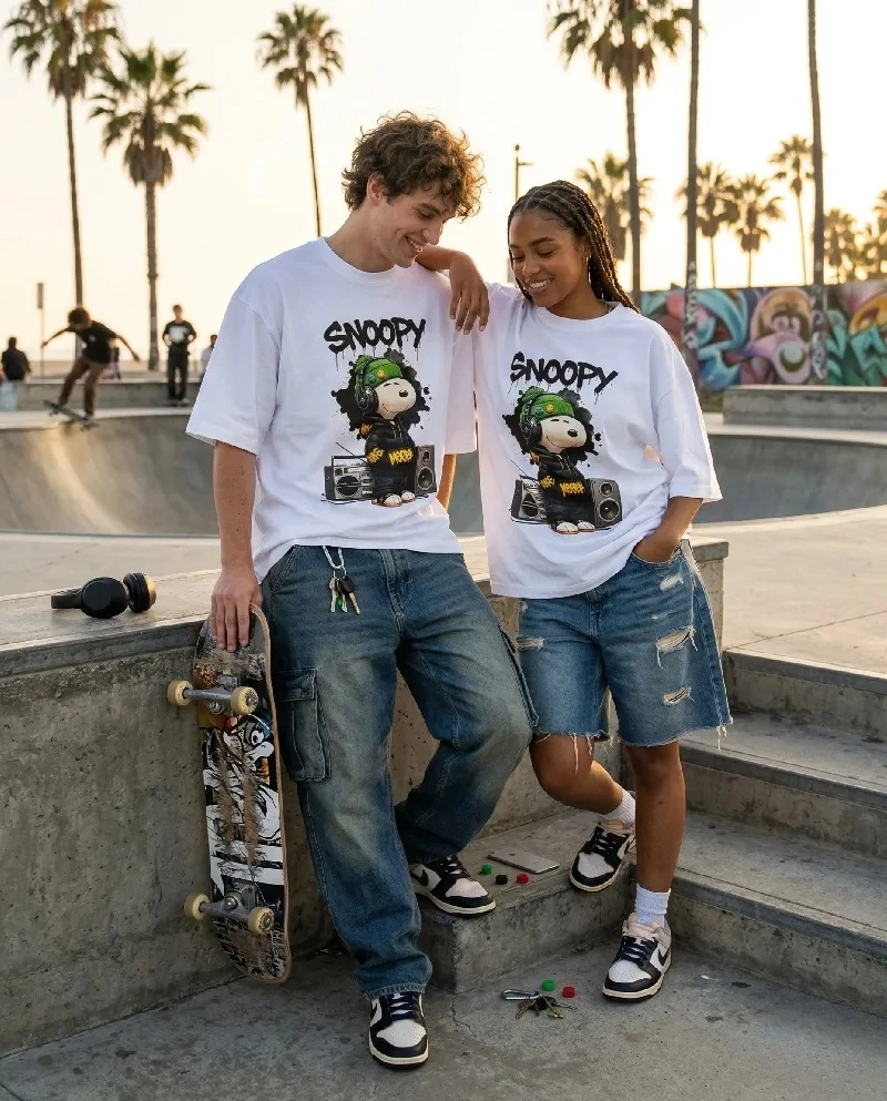 Snoopy Street Art Oversized T-Shirt – Urban Graffiti White Heavyweight Tee – Y2K Aesthetic Unisex Streetwear (White)